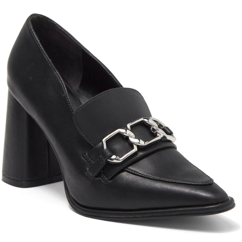 New NORDSTROM RACK Oslo Block Heel Pump Women black leather loafer pointy toe 9